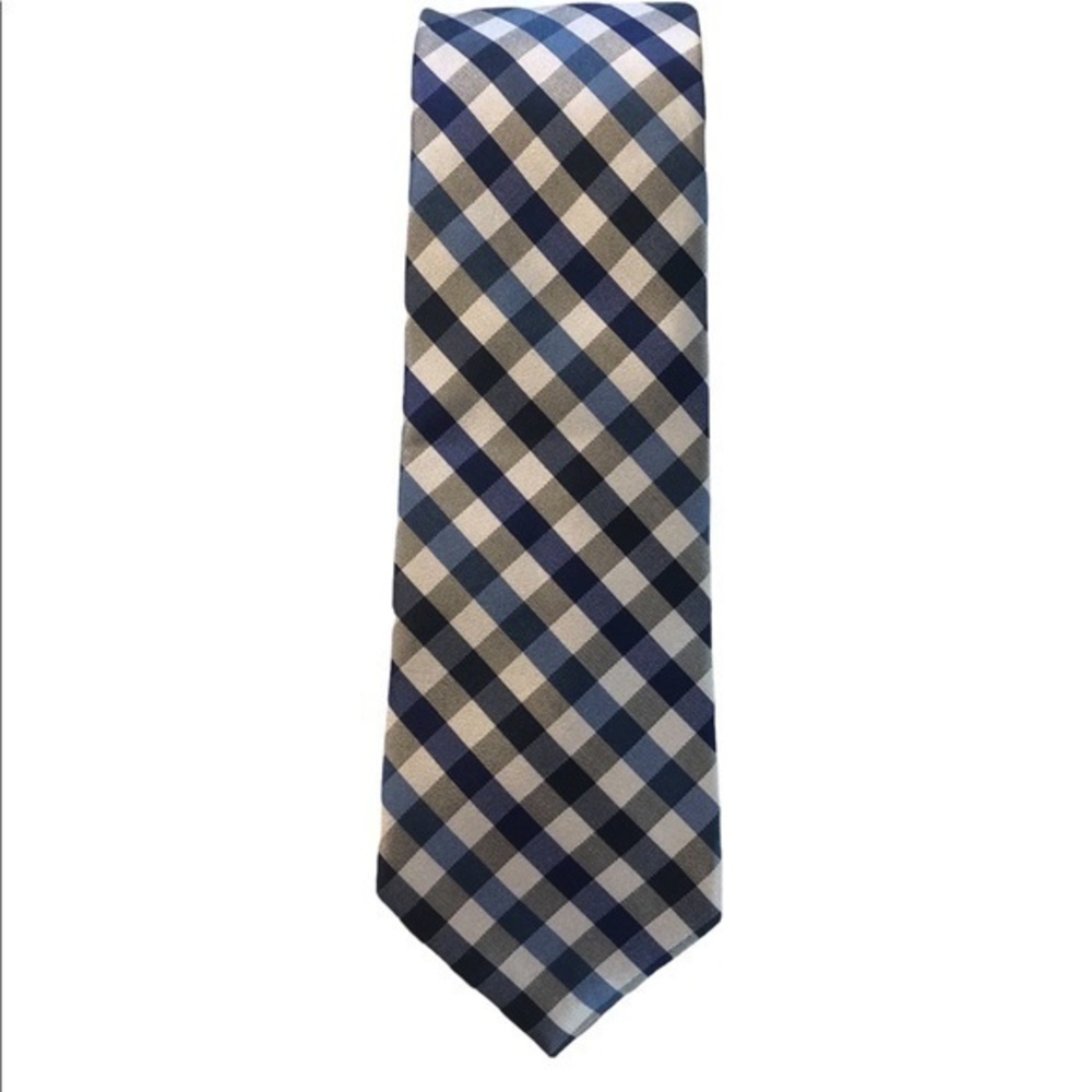 NWOT Jos. A. Bank Travelers Long blue white plaid 100% silk stain resistant tie